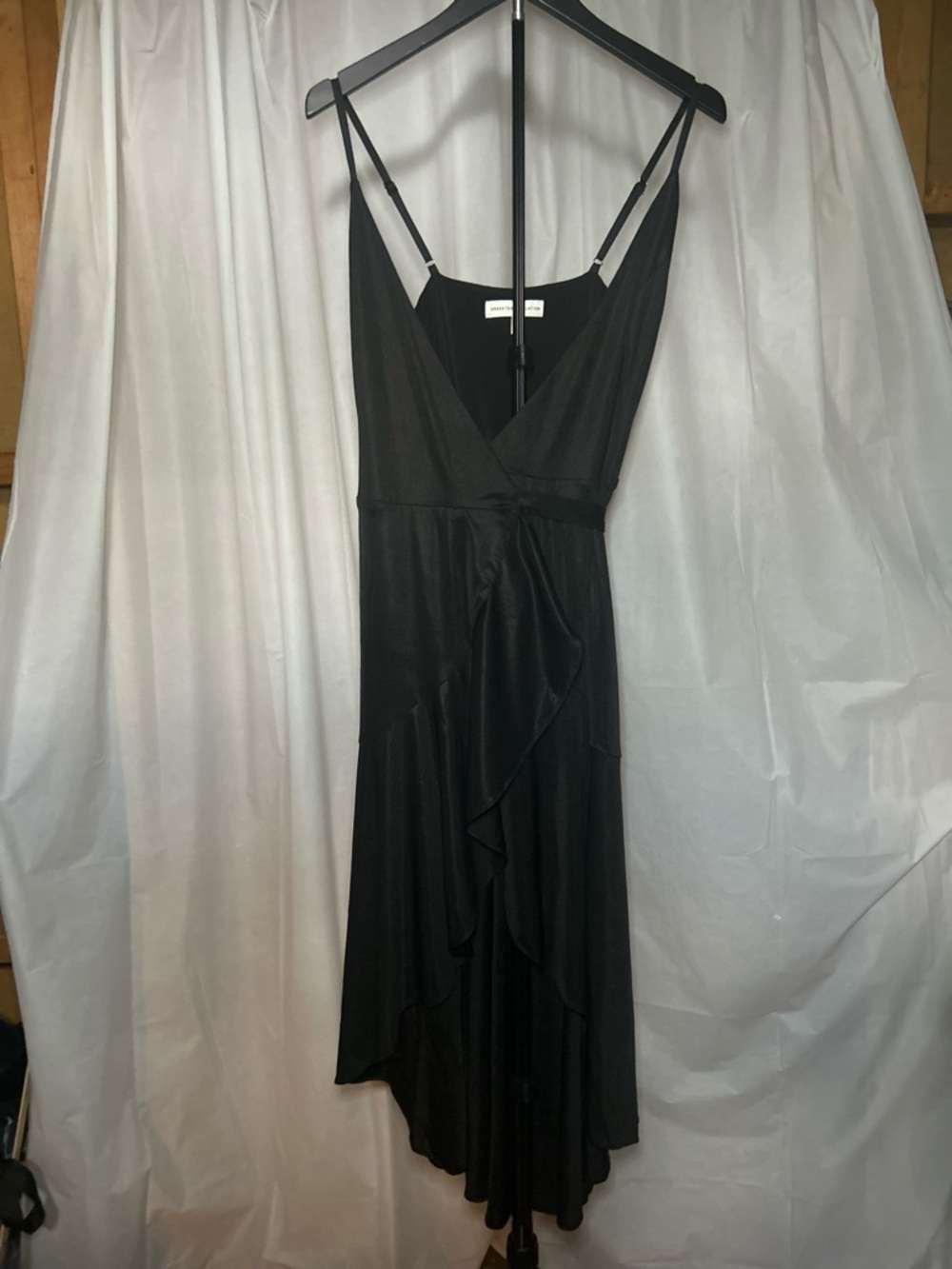 Dress the Population Salome Black Asymmetrical Wrap Midi Dress